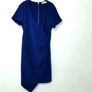 Bisou Bisou Midi SheathDress Sz 14 Classic Blue Knit Short Sleeve Ruched Waist